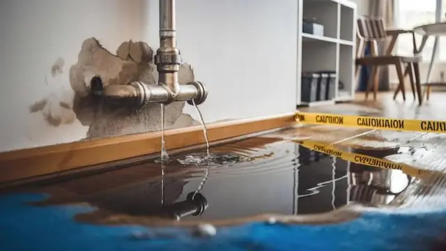 Water pooling along a baseboard below a leaking pipe with caution tape