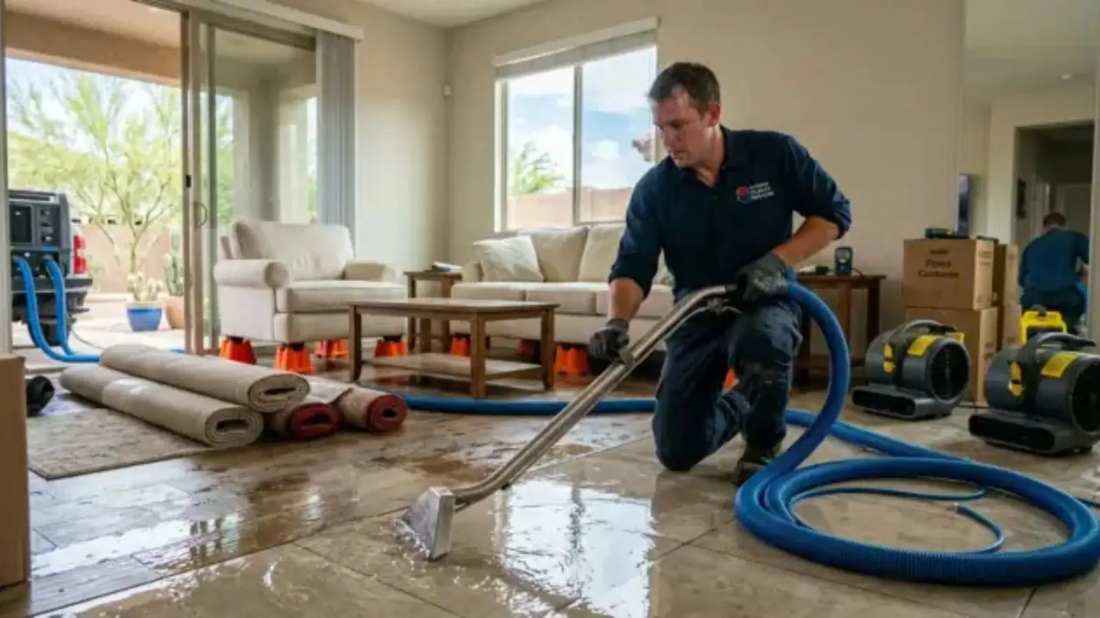 Technician using a water extraction wand in a living room with air movers running