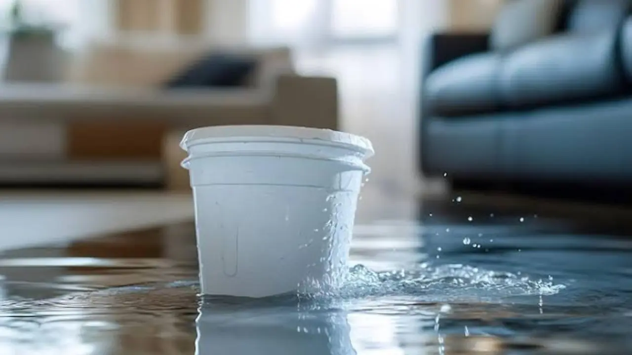 White bucket sitting in spreading water on a living room floor
