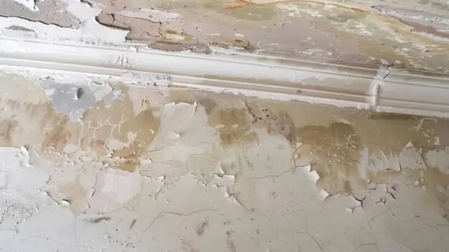 Water stained wall with bubbling and peeling paint above the baseboard